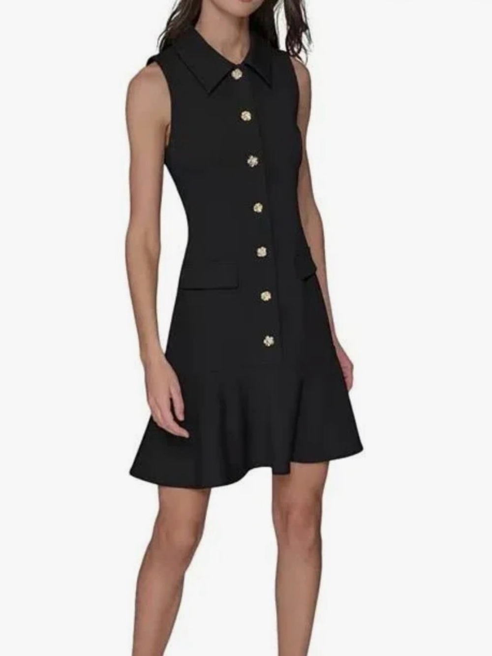 NWT Karl Lagerfeld Black Sleeveless Button-Front Mini Dress with Gold Buttons